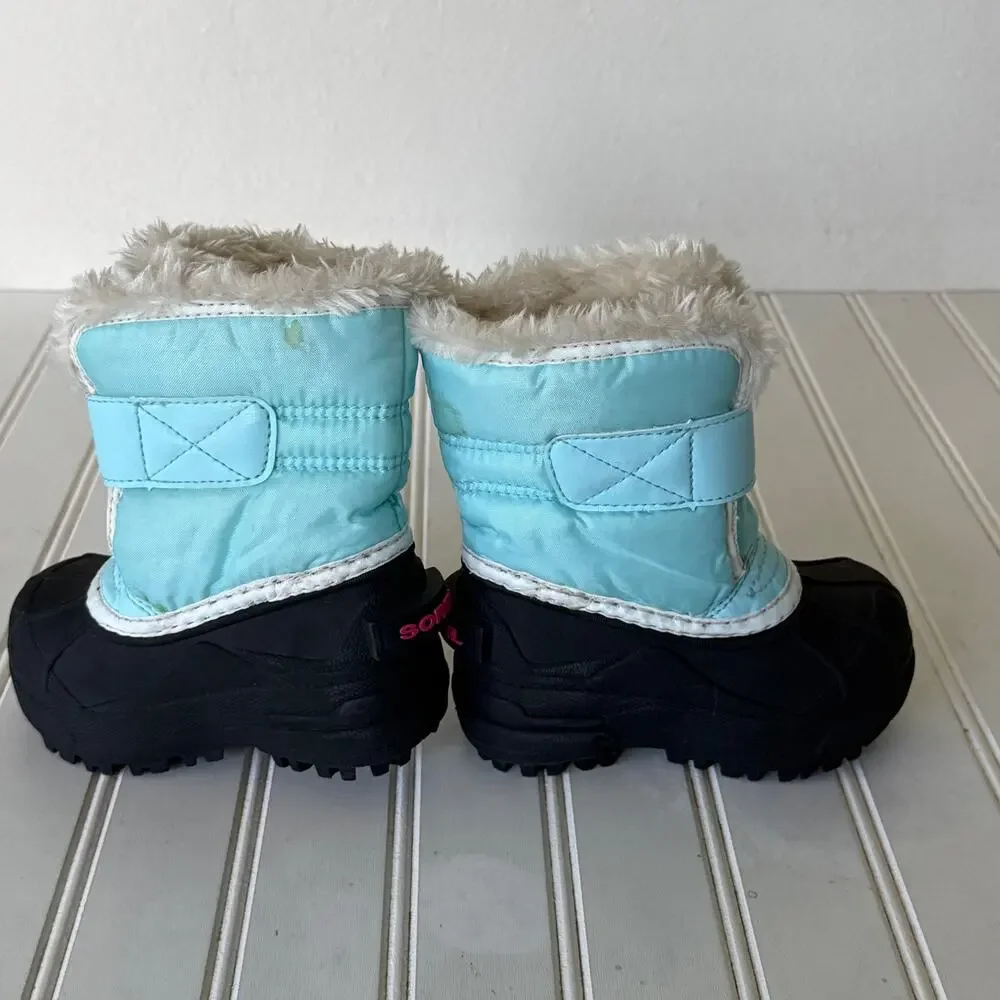 Sorel Snow Commander kids' boots size 6 blue pink logo black rubber shell.